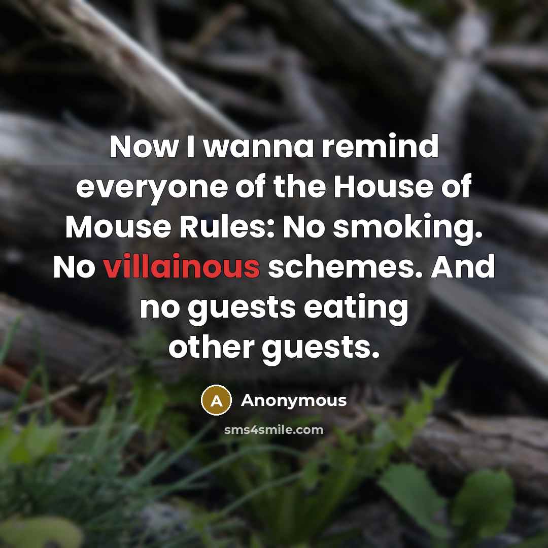 “Now I wanna remind everyone of the House of Mouse Rules: No smoking. No villainous schemes. And no guests eating other guests.” quote by Anonymous