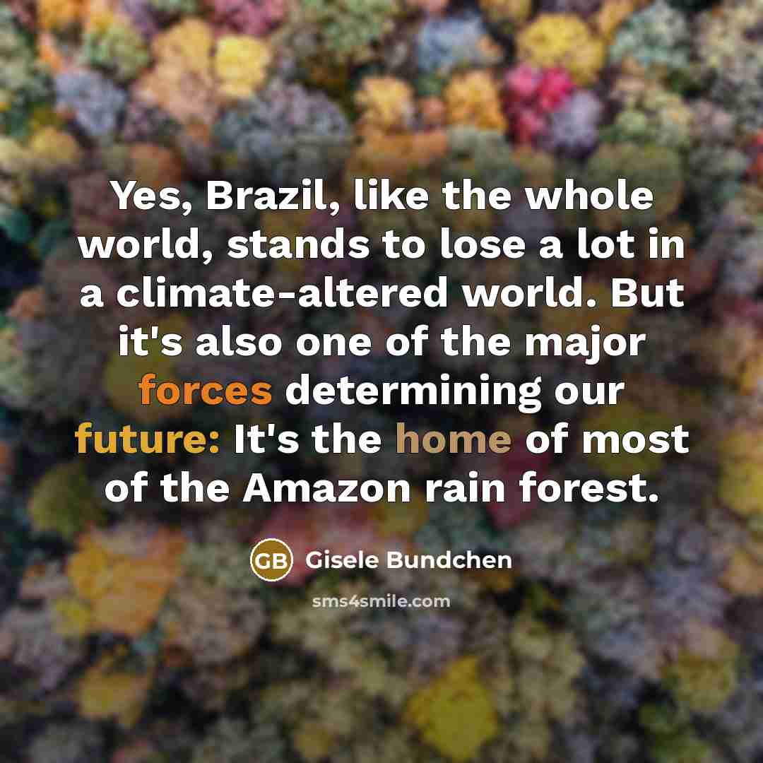 “Yes, Brazil, like the whole world, stands to lose a lot in a climate-altered world. But it's also one of the major forces determining our future: It's the home of most of the Amazon rain forest.” quote by Gisele Bundchen