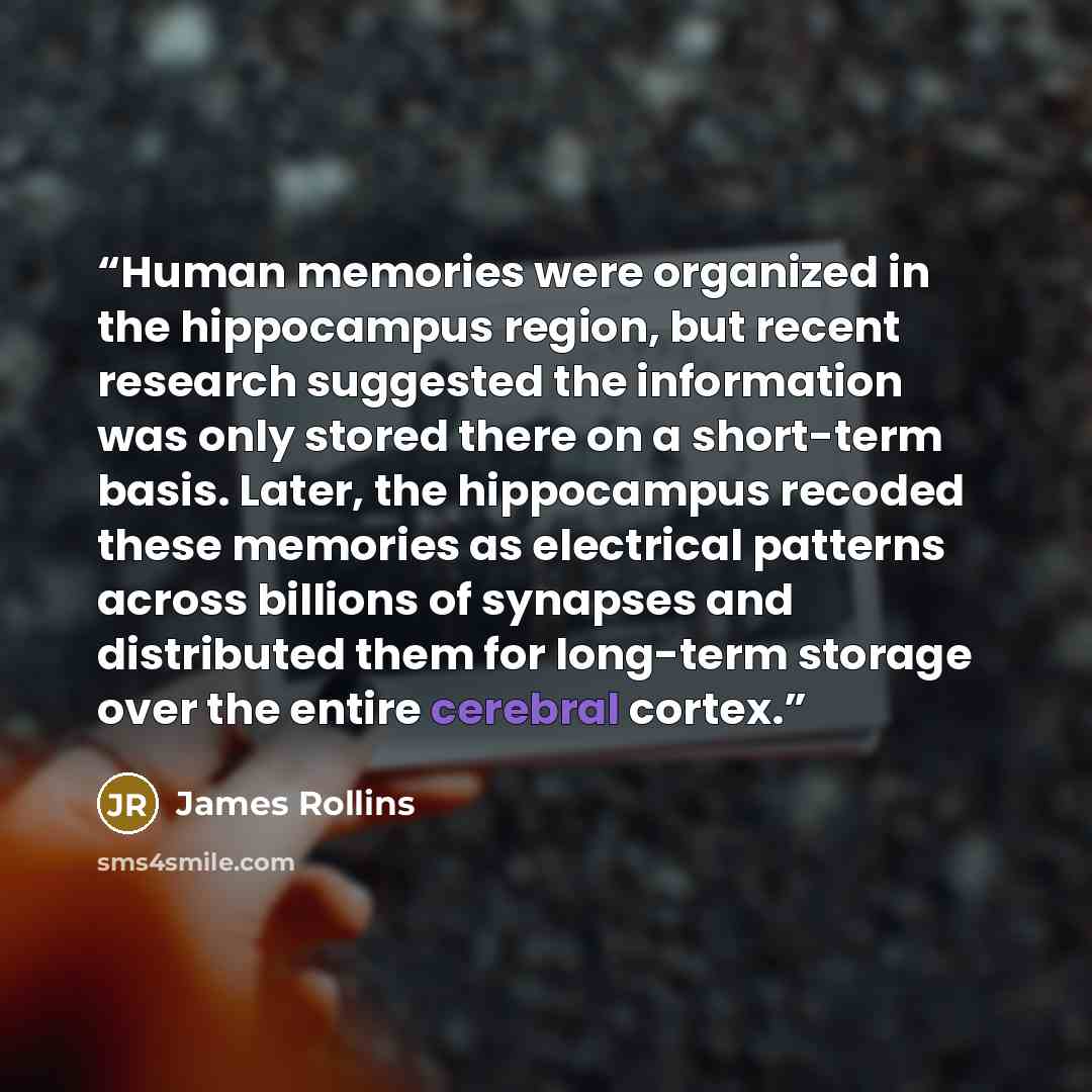“Human memories were organized in the hippocampus region, but recent research suggested the information was only stored there on a short-term basis. Later, the hippocampus recoded these memories as electrical patterns across billions of synapses and distributed them for long-term storage over the…” quote by James Rollins