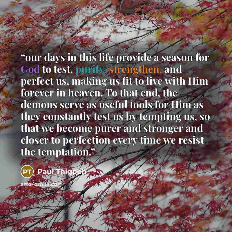 “our days in this life provide a season for God to test, purify, strengthen, and perfect us, making us fit to live with Him forever in heaven. To that end, the demons serve as useful tools for Him as they constantly test us by tempting us, so that we become purer and stronger and closer to…” quote by Paul Thigpen
