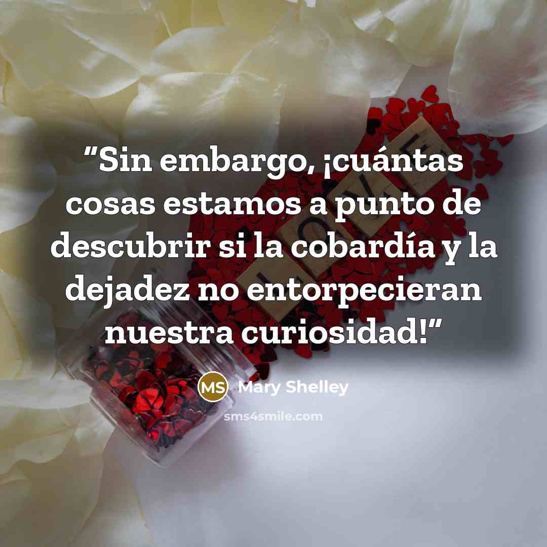 “Sin embargo, ¡cuántas cosas estamos a punto de descubrir si la cobardía y la dejadez no entorpecieran nuestra curiosidad!” quote by Mary Shelley
