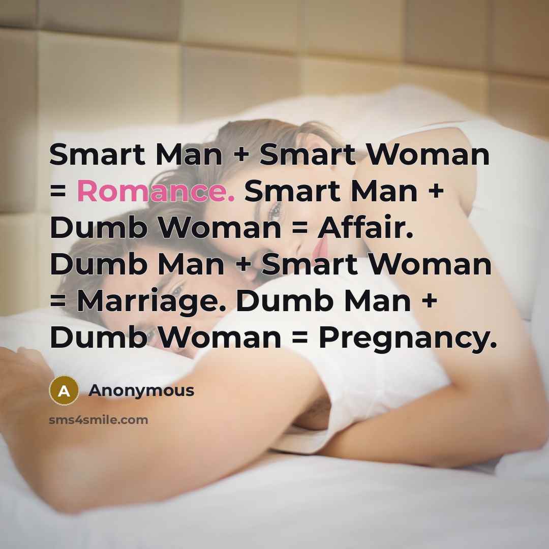 “Smart Man + Smart Woman = Romance. Smart Man +…” quote by Anonymous