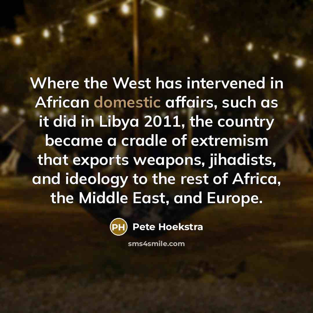 “Where the West has intervened in African domestic affairs, such as it did in Libya 2011, the country became a cradle of extremism that exports weapons, jihadists, and ideology to the rest of Africa, the Middle East, and Europe.” quote by Pete Hoekstra