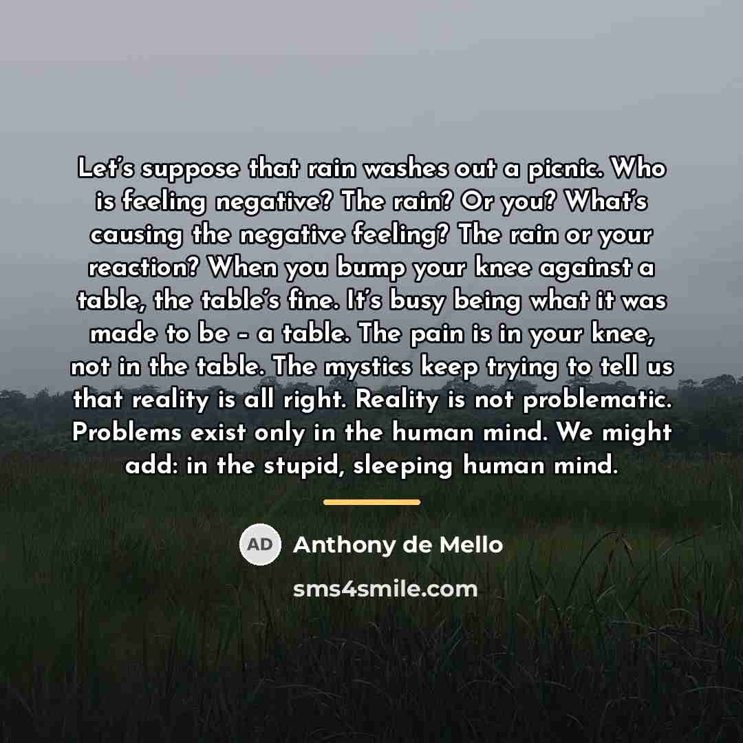 “Let’s suppose that rain washes out a picnic. Who is…” quote by Anthony de Mello