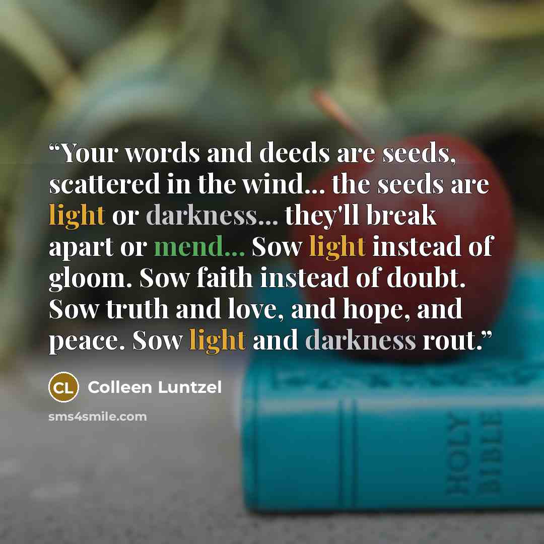 “Your words and deeds are seeds, scattered in the wind... the seeds are light or darkness... they'll break apart or mend... Sow light instead of gloom. Sow faith instead of doubt. Sow truth and love, and hope, and peace. Sow light and darkness rout.” quote by Colleen Luntzel