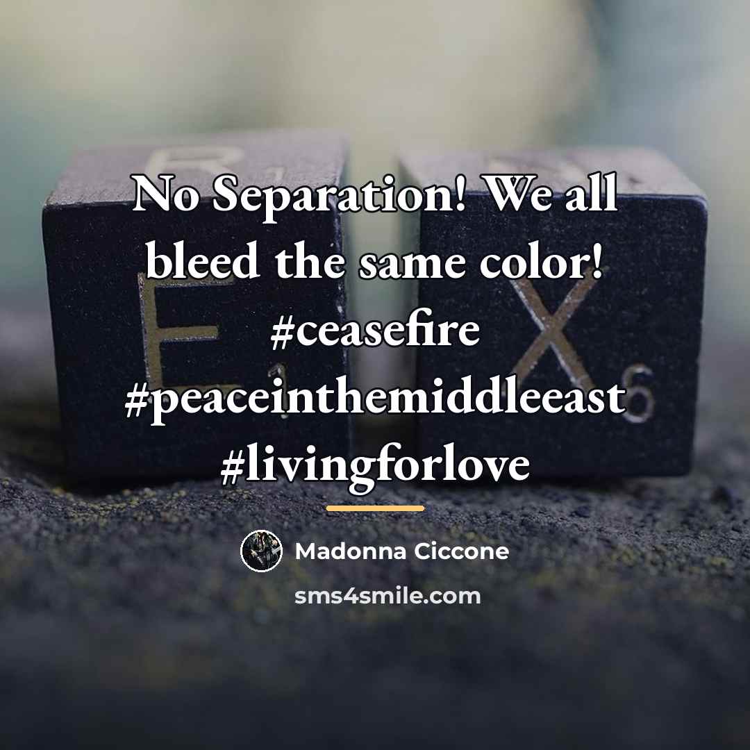 “No Separation! We all bleed the same color! #ceasefire #peaceinthemiddleeast…” quote by Madonna Ciccone