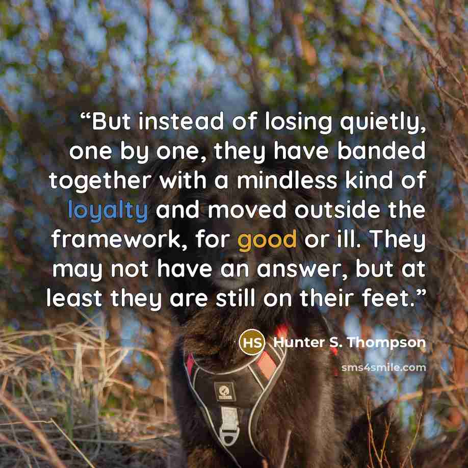 “But instead of losing quietly, one by one, they have banded together with a mindless kind of loyalty and moved outside the framework, for good or ill. They may not have an answer, but at least they are still on their feet.” quote by Hunter S. Thompson