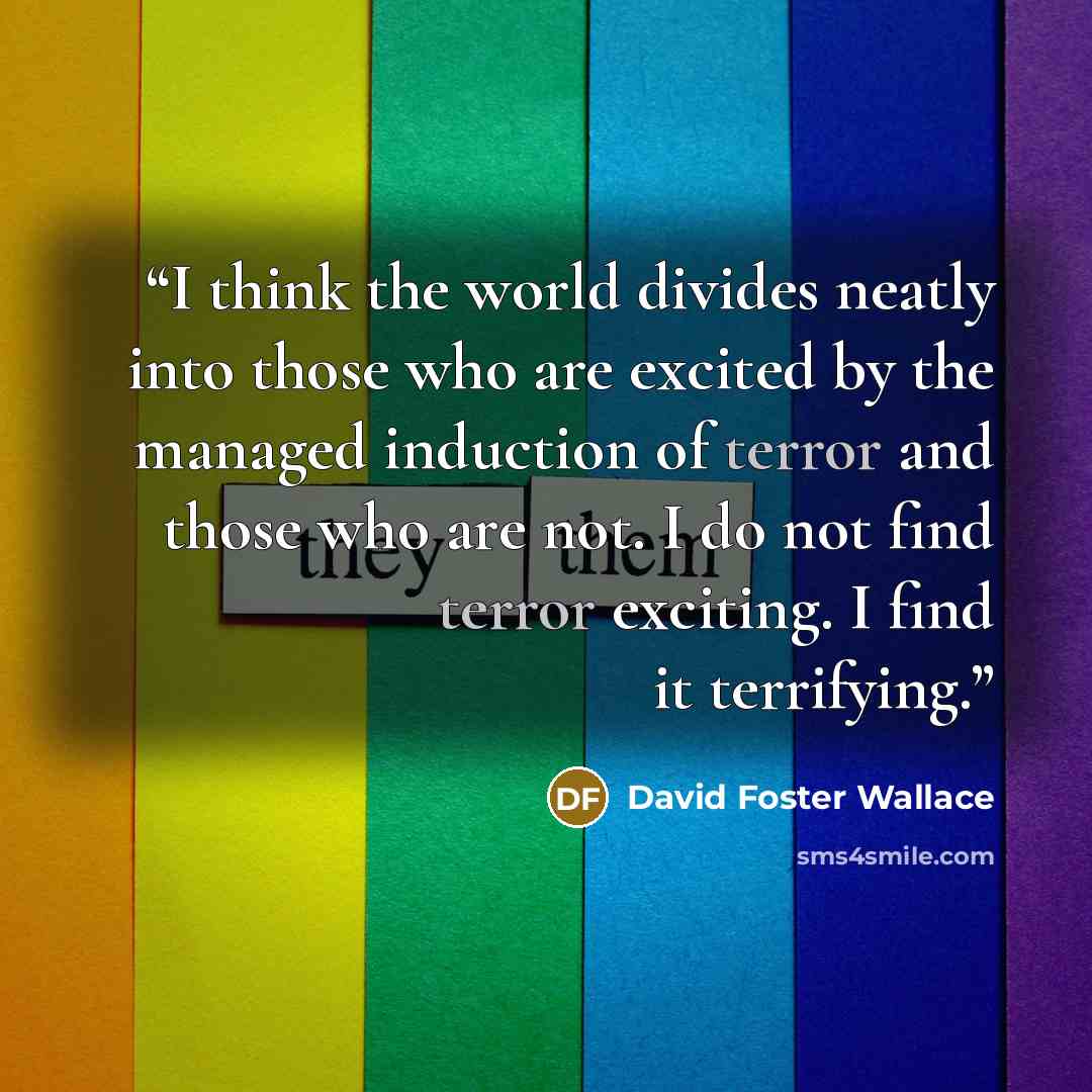 “I think the world divides neatly into those who are excited by the managed induction of terror and those who are not. I do not find terror exciting. I find it terrifying.” quote by David Foster Wallace