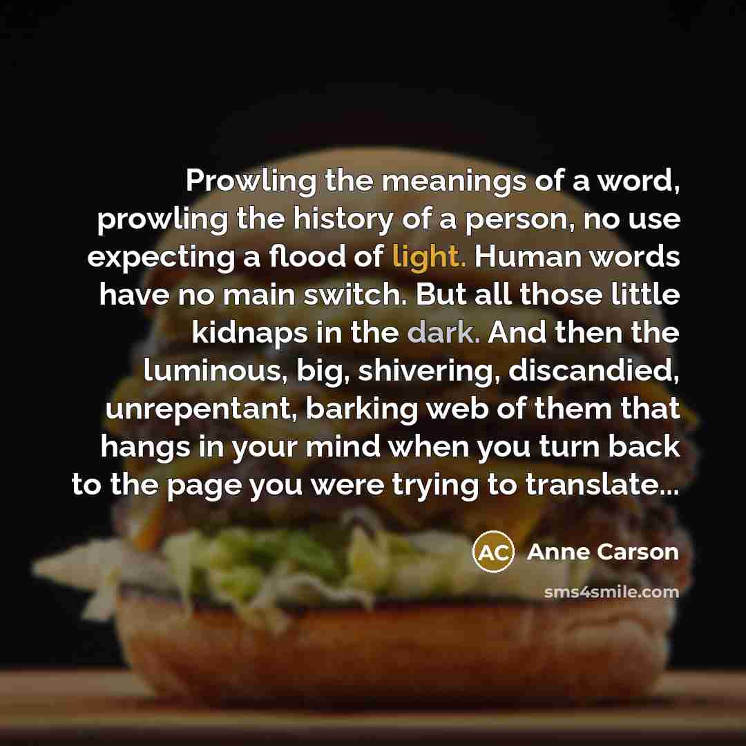 “Prowling the meanings of a word, prowling the history of…” quote by Anne Carson