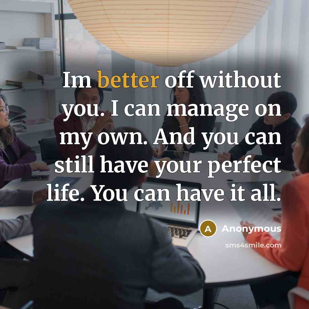 “Im better off without you. I can manage on my own. And you can still have your perfect life. You can have it all.” quote by Anonymous