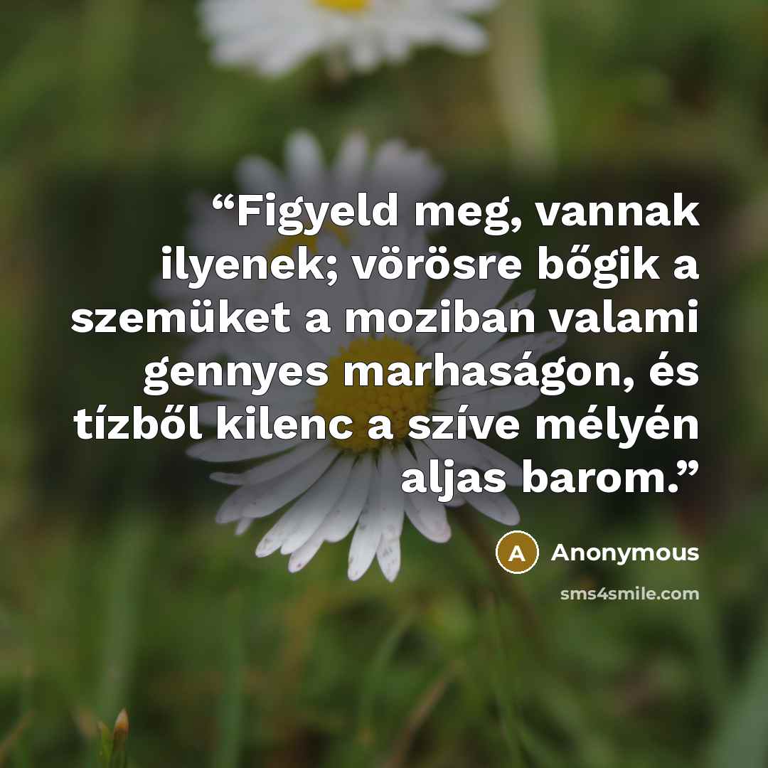 “Figyeld meg, vannak ilyenek; vörösre bőgik a szemüket a moziban valami gennyes marhaságon, és tízből kilenc a szíve mélyén aljas barom.” quote by Anonymous