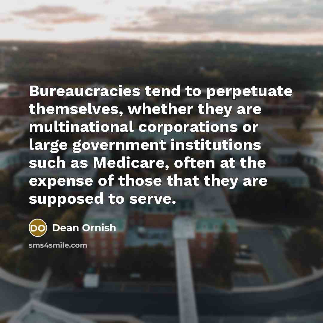 “Bureaucracies tend to perpetuate themselves, whether they are multinational corporations…” quote by Dean Ornish