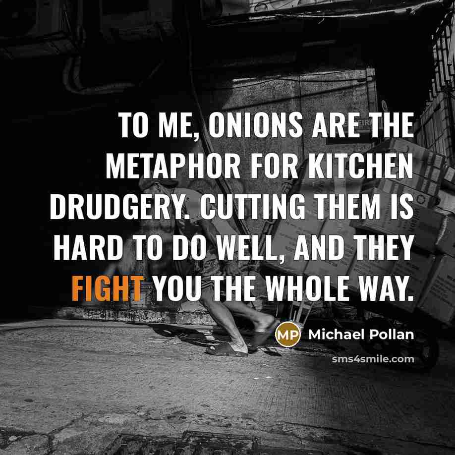 “To me, onions are the metaphor for kitchen drudgery. Cutting…” quote by Michael Pollan