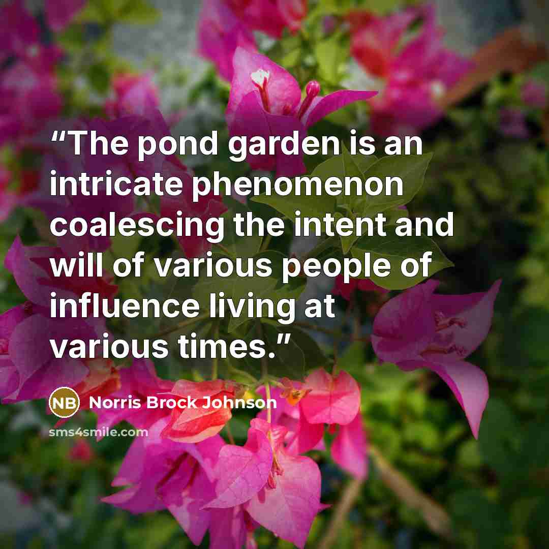 “The pond garden is an intricate phenomenon coalescing the intent and will of various people of influence living at various times.” quote by Norris Brock Johnson