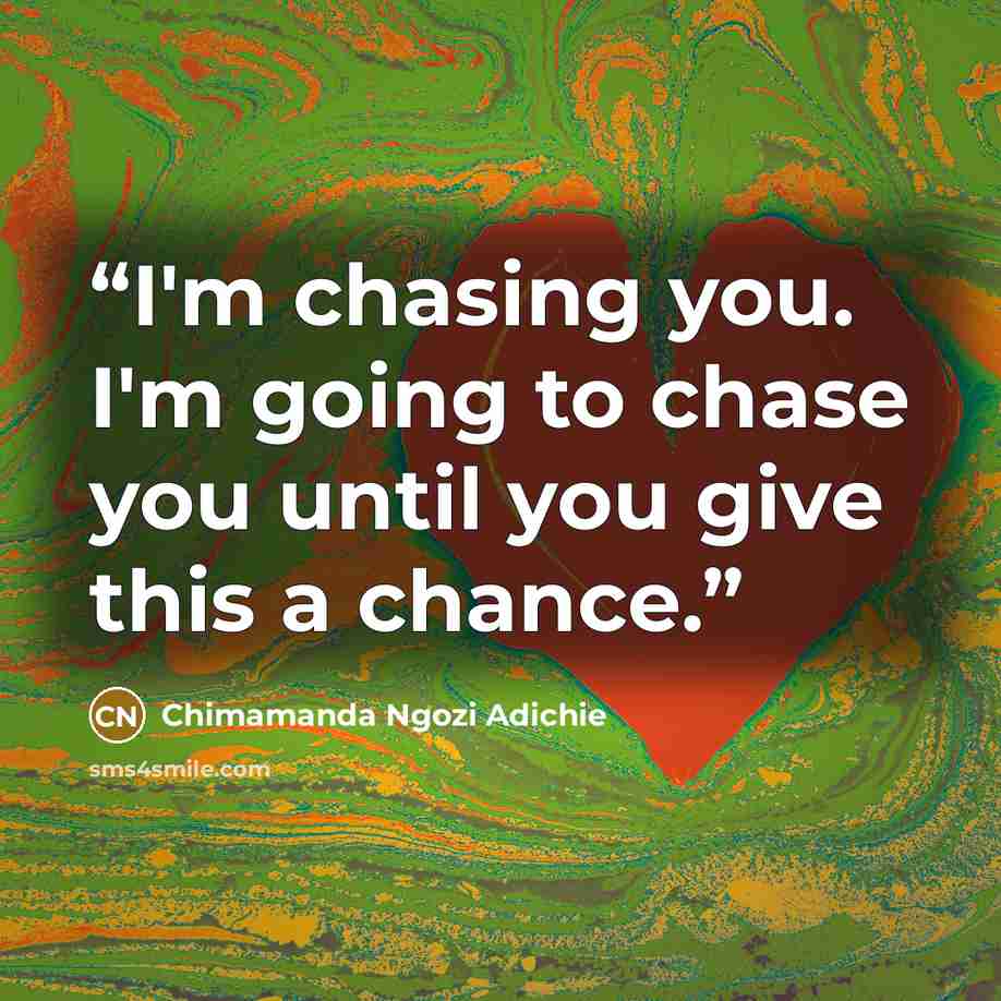 “I'm chasing you. I'm going to chase you until you give this a chance.” quote by Chimamanda Ngozi Adichie