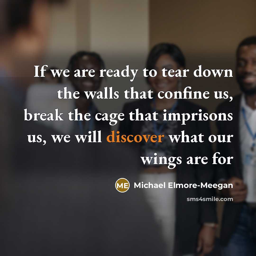 “If we are ready to tear down the walls that confine us, break the cage that imprisons us, we will discover what our wings are for” quote by Michael Elmore-Meegan