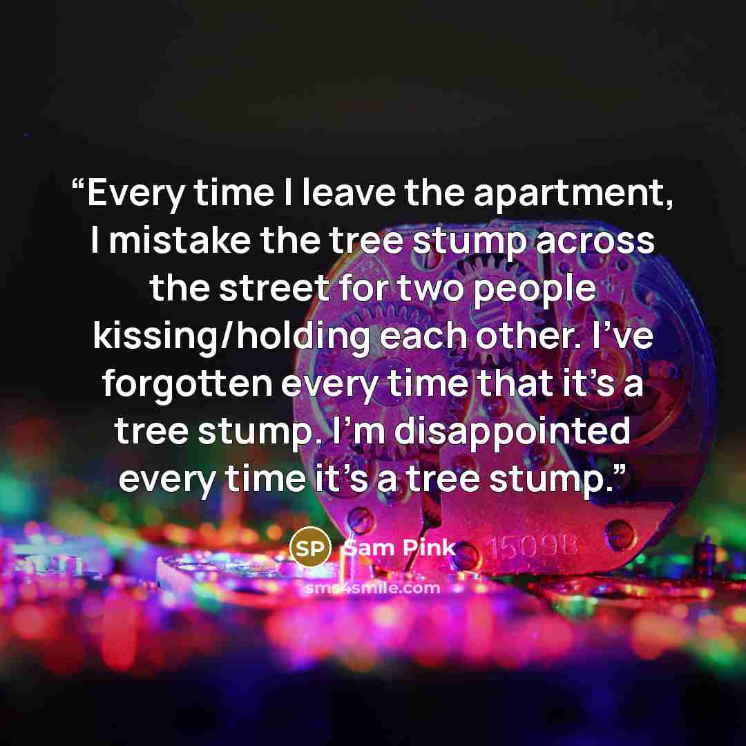 “Every time I leave the apartment, I mistake the tree stump across the street for two people kissing/holding each other. I’ve forgotten every time that it’s a tree stump. I’m disappointed every time it’s a tree stump.” quote by Sam Pink