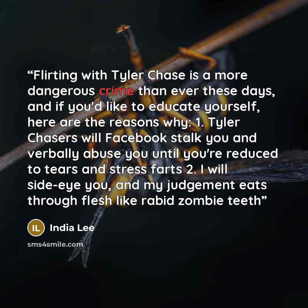 “Flirting with Tyler Chase is a more dangerous crime than ever these days, and if you'd like to educate yourself, here are the reasons why: 1. Tyler Chasers will Facebook stalk you and verbally abuse you until you're reduced to tears and stress farts 2. I will side-eye you, and my judgement eats…” quote by India Lee