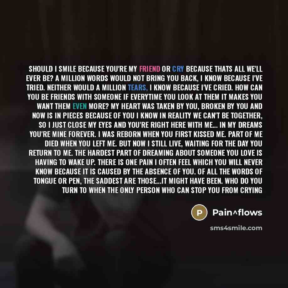 “Should I Smile Because You're My Friend Or Cry Because Thats All We'll Ever Be? A Million Words Would Not Bring You Back, I Know Because I've Tried. Neither Would A Million Tears, I Know Because I've Cried. How Can You Be Friends With Someone If Everytime You Look At Them It Makes You Want Them…” quote by Pain^flows