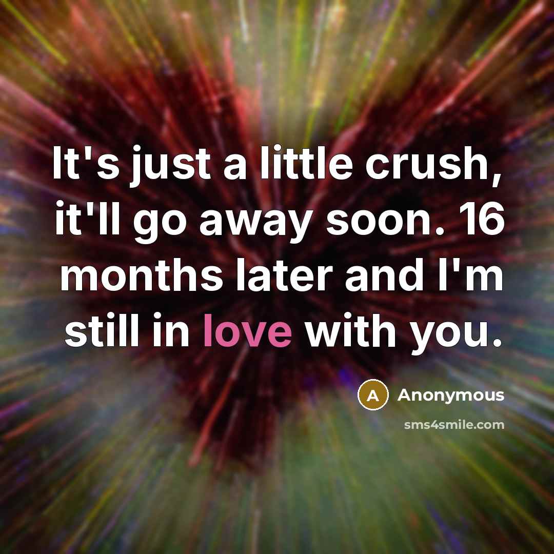 “It's just a little crush, it'll go away soon. 16 months later and I'm still in love with you.” quote by Anonymous