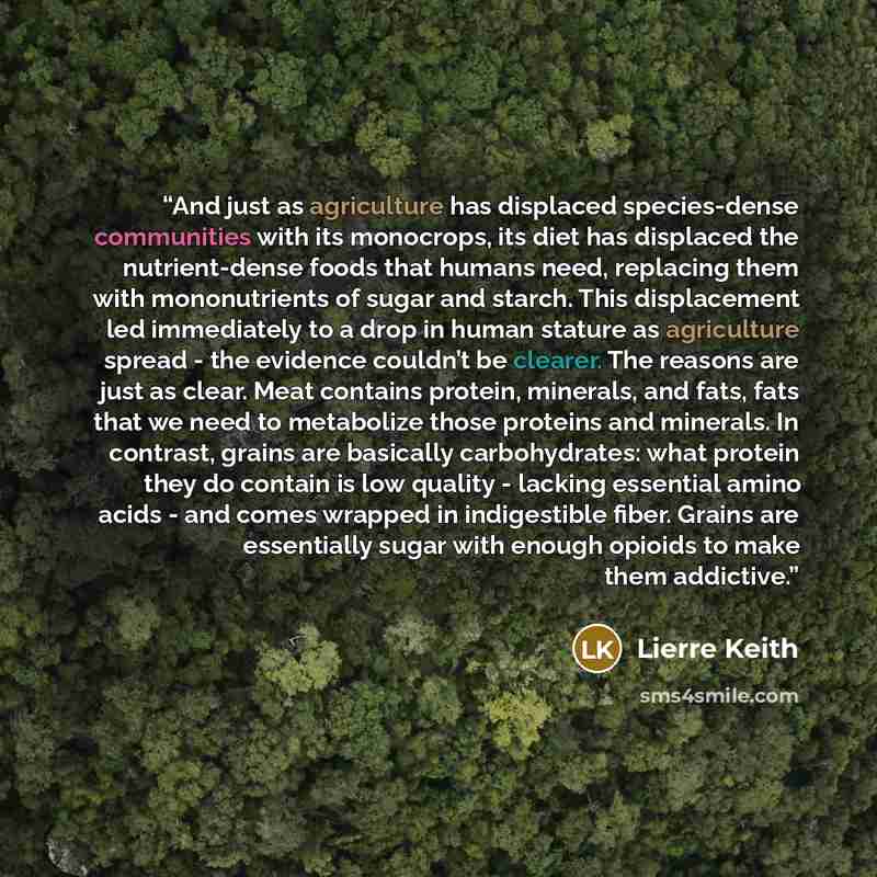 “And just as agriculture has displaced species-dense communities with its monocrops, its diet has displaced the nutrient-dense foods that humans need, replacing them with mononutrients of sugar and starch. This displacement led immediately to a drop in human stature as agriculture spread - the…” quote by Lierre Keith