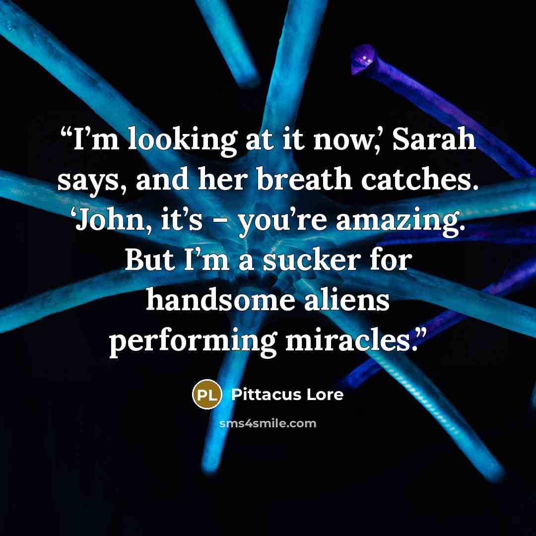 “I’m looking at it now,’ Sarah says, and her breath catches. ‘John, it’s – you’re amazing. But I’m a sucker for handsome aliens performing miracles.” quote by Pittacus Lore