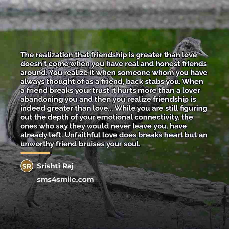 “The realization that friendship is greater than love doesn't come…” quote by Srishti Raj