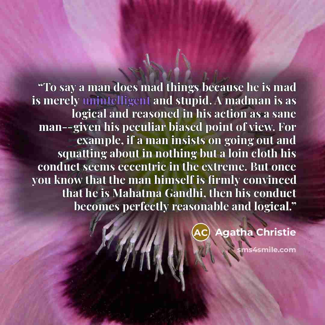 “To say a man does mad things because he is mad is merely unintelligent and stupid. A madman is as logical and reasoned in his action as a sane man--given his peculiar biased point of view. For example, if a man insists on going out and squatting about in nothing but a loin cloth his conduct seems…” quote by Agatha Christie