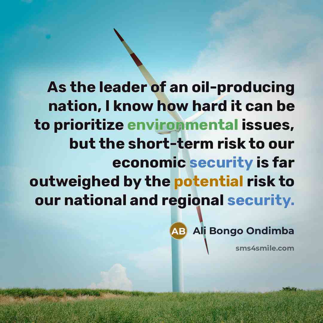 “As the leader of an oil-producing nation, I know how hard it can be to prioritize environmental issues, but the short-term risk to our economic security is far outweighed by the potential risk to our national and regional security.” quote by Ali Bongo Ondimba