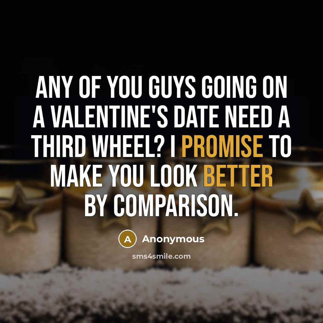 “Any of you guys going on a Valentine's date need a third wheel? I promise to make you look better by comparison.” quote by Anonymous