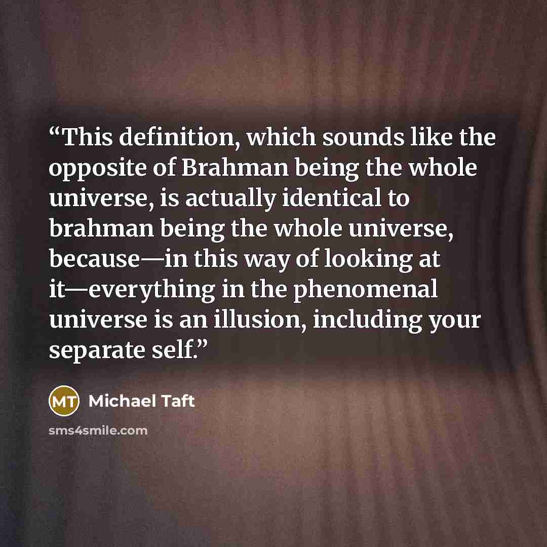“This definition, which sounds like the opposite of Brahman being the whole universe, is actually identical to brahman being the whole universe, because—in this way of looking at it—everything in the phenomenal universe is an illusion, including your separate self.” quote by Michael Taft