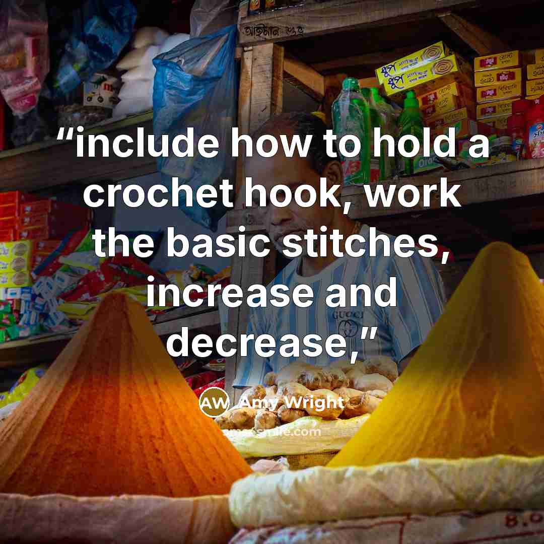 “include how to hold a crochet hook, work the basic stitches, increase and decrease,” quote by Amy Wright