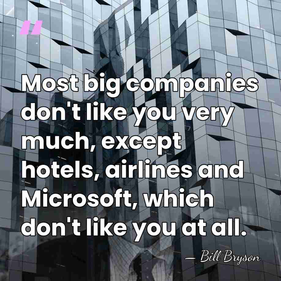 Most big companies don't like you very much, except hotels, airlines and&hellip; - Bill Bryson