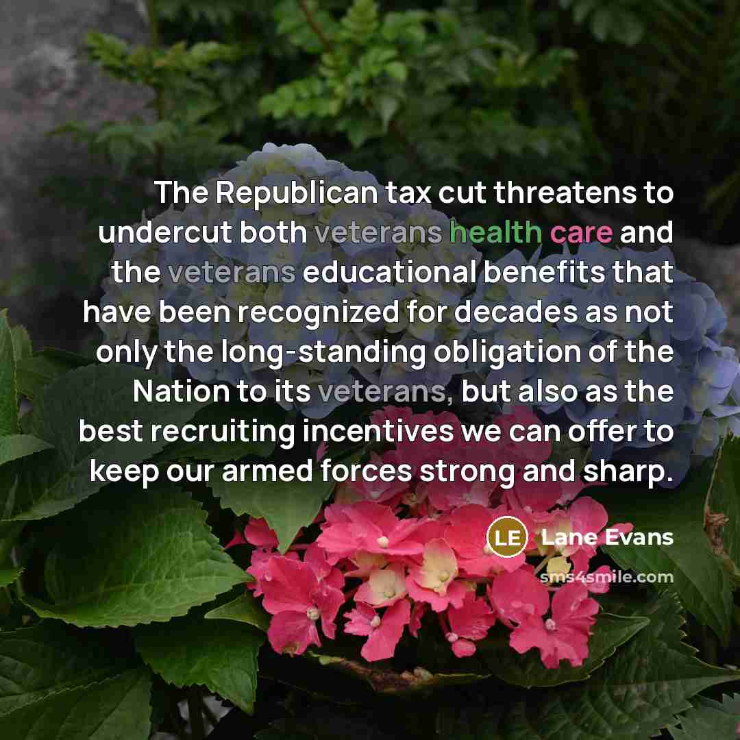 “The Republican tax cut threatens to undercut both veterans health…” quote by Lane Evans