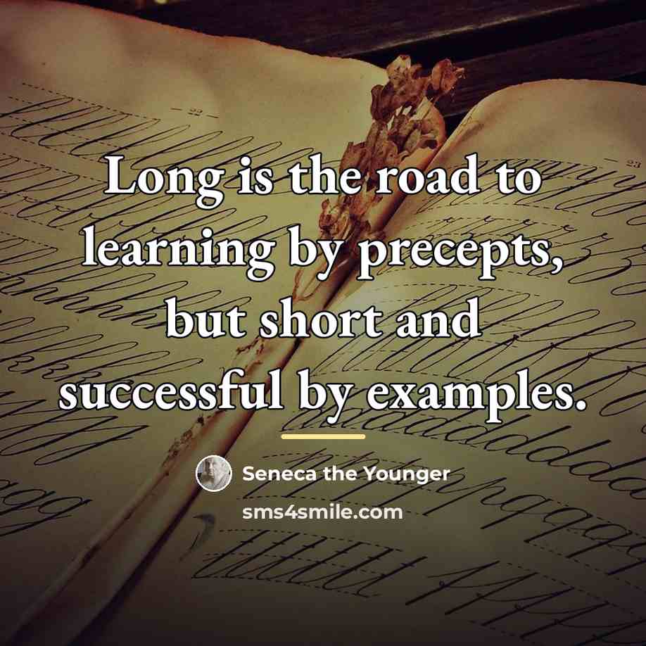 “Long is the road to learning by precepts, but short…” quote by Seneca the Younger