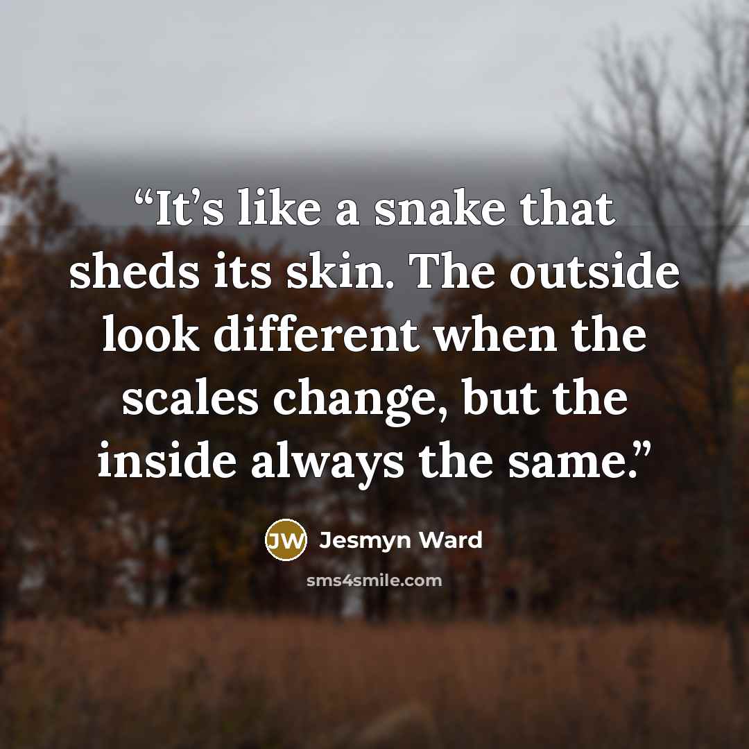 “It’s like a snake that sheds its skin. The outside look different when the scales change, but the inside always the same.” quote by Jesmyn Ward