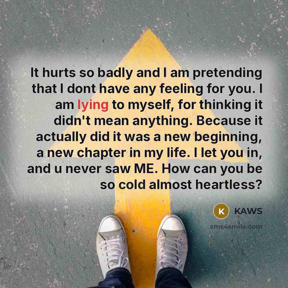 “It hurts so badly and I am pretending that I dont have any feeling for you. I am lying to myself, for thinking it didn't mean anything. Because it actually did it was a new beginning, a new chapter in my life. I let you in, and u never saw ME. How can you be so cold almost heartless?” quote by KAwS