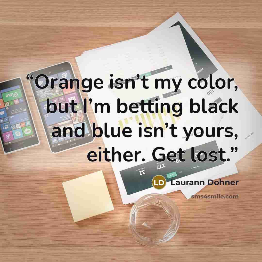“Orange isn’t my color, but I’m betting black and blue isn’t yours, either. Get lost.” quote by Laurann Dohner