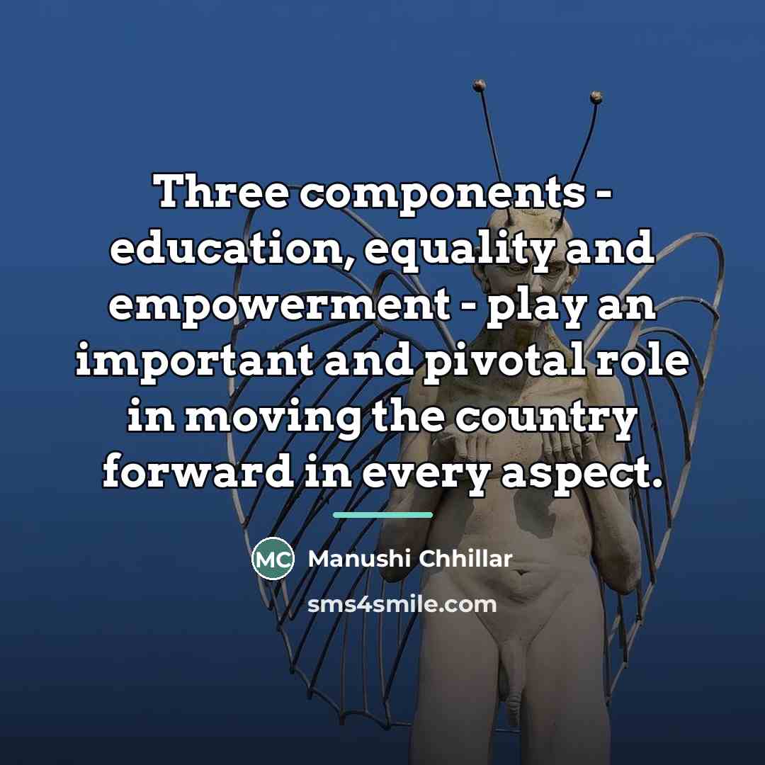 “Three components - education, equality and empowerment - play an…” quote by Manushi Chhillar