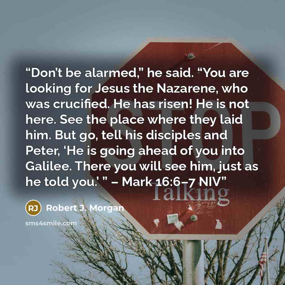 “Don’t be alarmed,” he said. “You are looking for Jesus the Nazarene, who was crucified. He has risen! He is not here. See the place where they laid him. But go, tell his disciples and Peter, ‘He is going ahead of you into Galilee. There you will see him, just as he told you.’ ” – Mark 16:6–7 NIV” quote by Robert J. Morgan