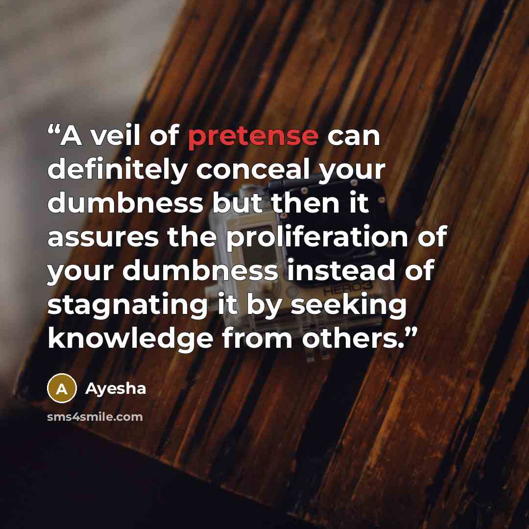 “A veil of pretense can definitely conceal your dumbness but then it assures the proliferation of your dumbness instead of stagnating it by seeking knowledge from others.” quote by Ayesha