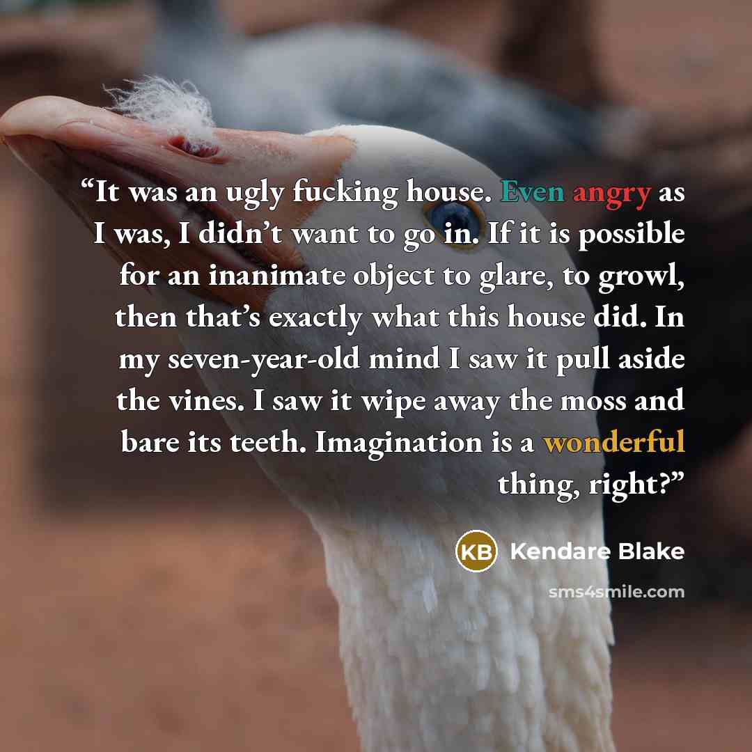 “It was an ugly fucking house. Even angry as I was, I didn’t want to go in. If it is possible for an inanimate object to glare, to growl, then that’s exactly what this house did. In my seven-year-old mind I saw it pull aside the vines. I saw it wipe away the moss and bare its teeth. Imagination is…” quote by Kendare Blake