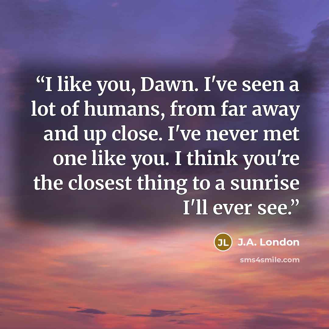 “I like you, Dawn. I've seen a lot of humans, from far away and up close. I've never met one like you. I think you're the closest thing to a sunrise I'll ever see.” quote by J.A. London