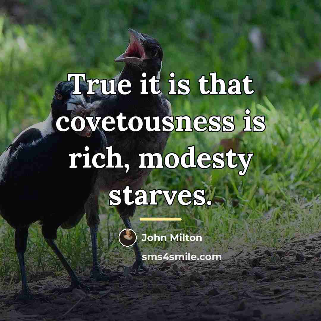 “True it is that covetousness is rich, modesty starves.…” quote by John Milton