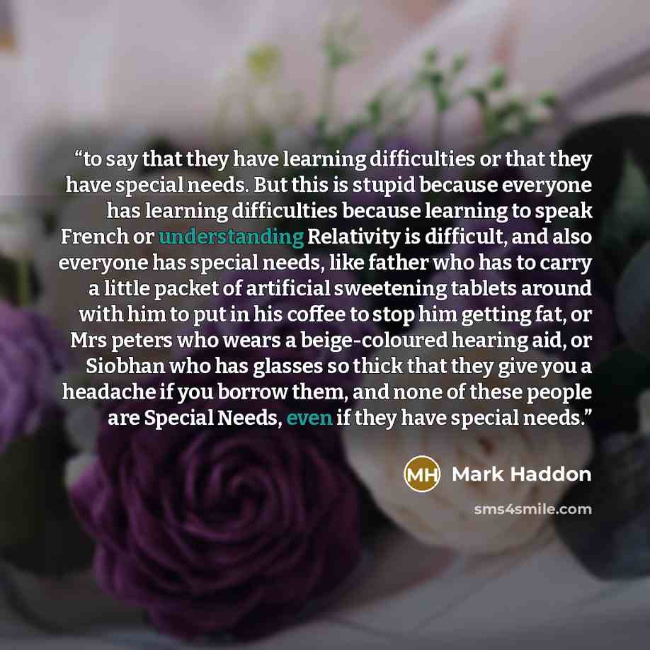 “to say that they have learning difficulties or that they have special needs. But this is stupid because everyone has learning difficulties because learning to speak French or understanding Relativity is difficult, and also everyone has special needs, like father who has to carry a little packet of…” quote by Mark Haddon
