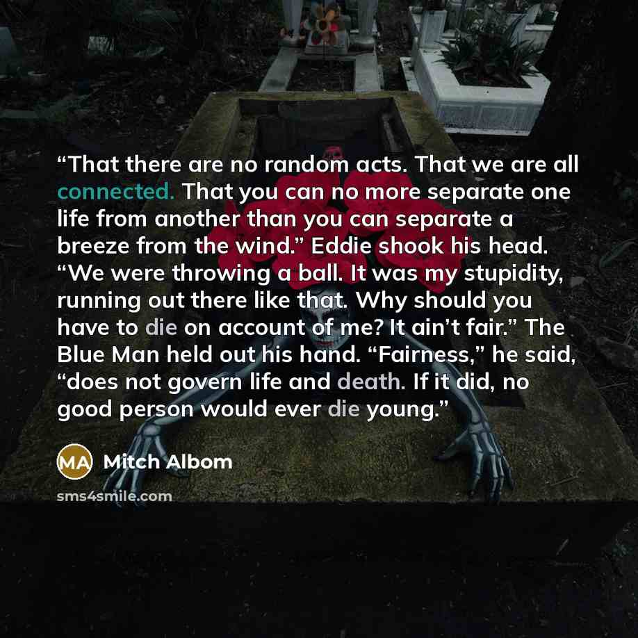 “That there are no random acts. That we are all connected. That you can no more separate one life from another than you can separate a breeze from the wind.” Eddie shook his head. “We were throwing a ball. It was my stupidity, running out there like that. Why should you have to die on account of…” quote by Mitch Albom