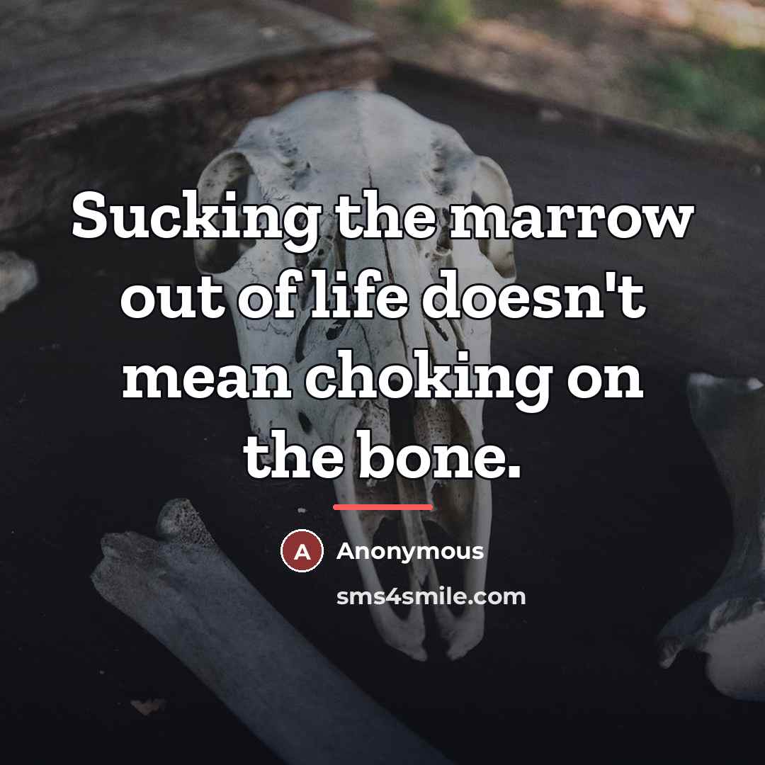 “Sucking the marrow out of life doesn't mean choking on…” quote by Anonymous