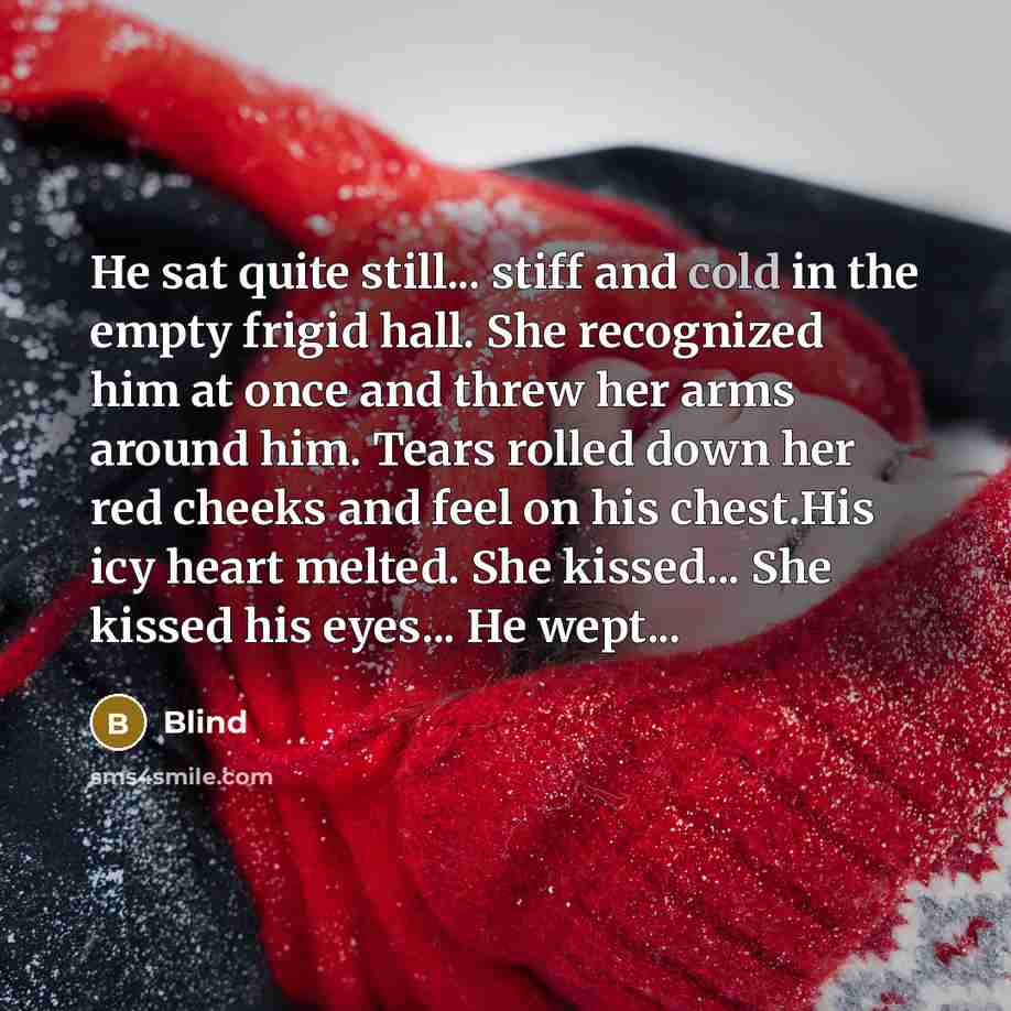 “He sat quite still... stiff and cold in the empty frigid hall. She recognized him at once and threw her arms around him. Tears rolled down her red cheeks and feel on his chest.His icy heart melted. She kissed... She kissed his eyes... He wept...” quote by Blind