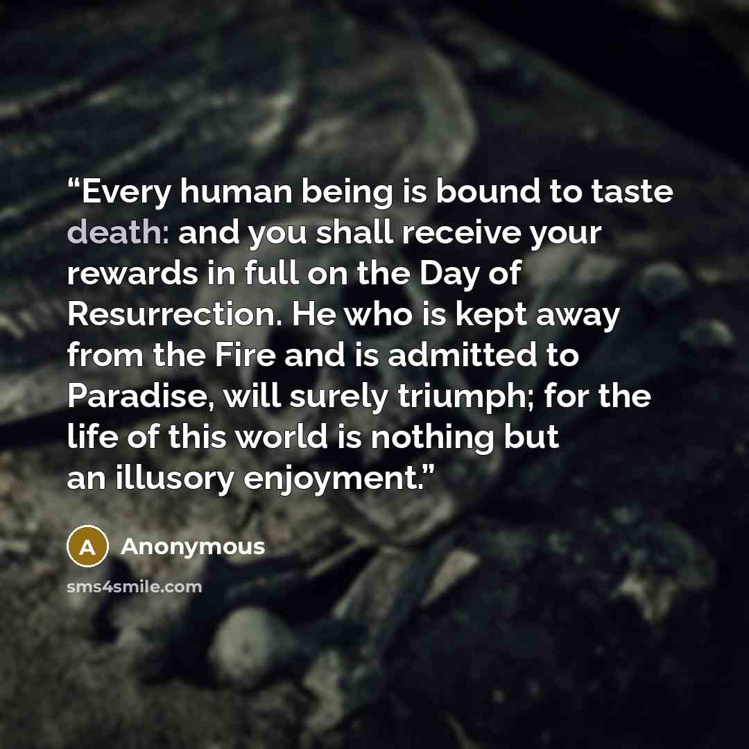“Every human being is bound to taste death: and you shall receive your rewards in full on the Day of Resurrection. He who is kept away from the Fire and is admitted to Paradise, will surely triumph; for the life of this world is nothing but an illusory enjoyment.” quote by Anonymous