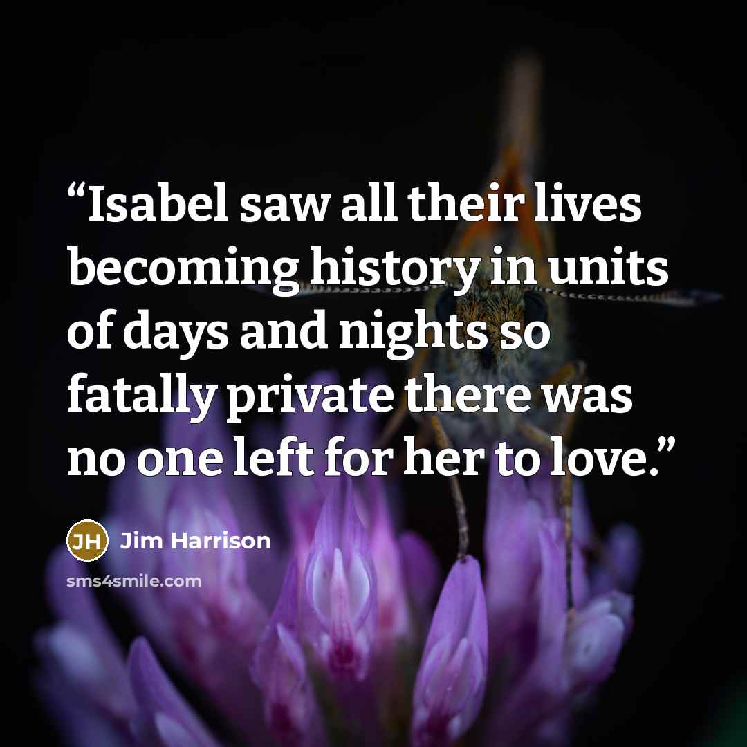 “Isabel saw all their lives becoming history in units of days and nights so fatally private there was no one left for her to love.” quote by Jim Harrison